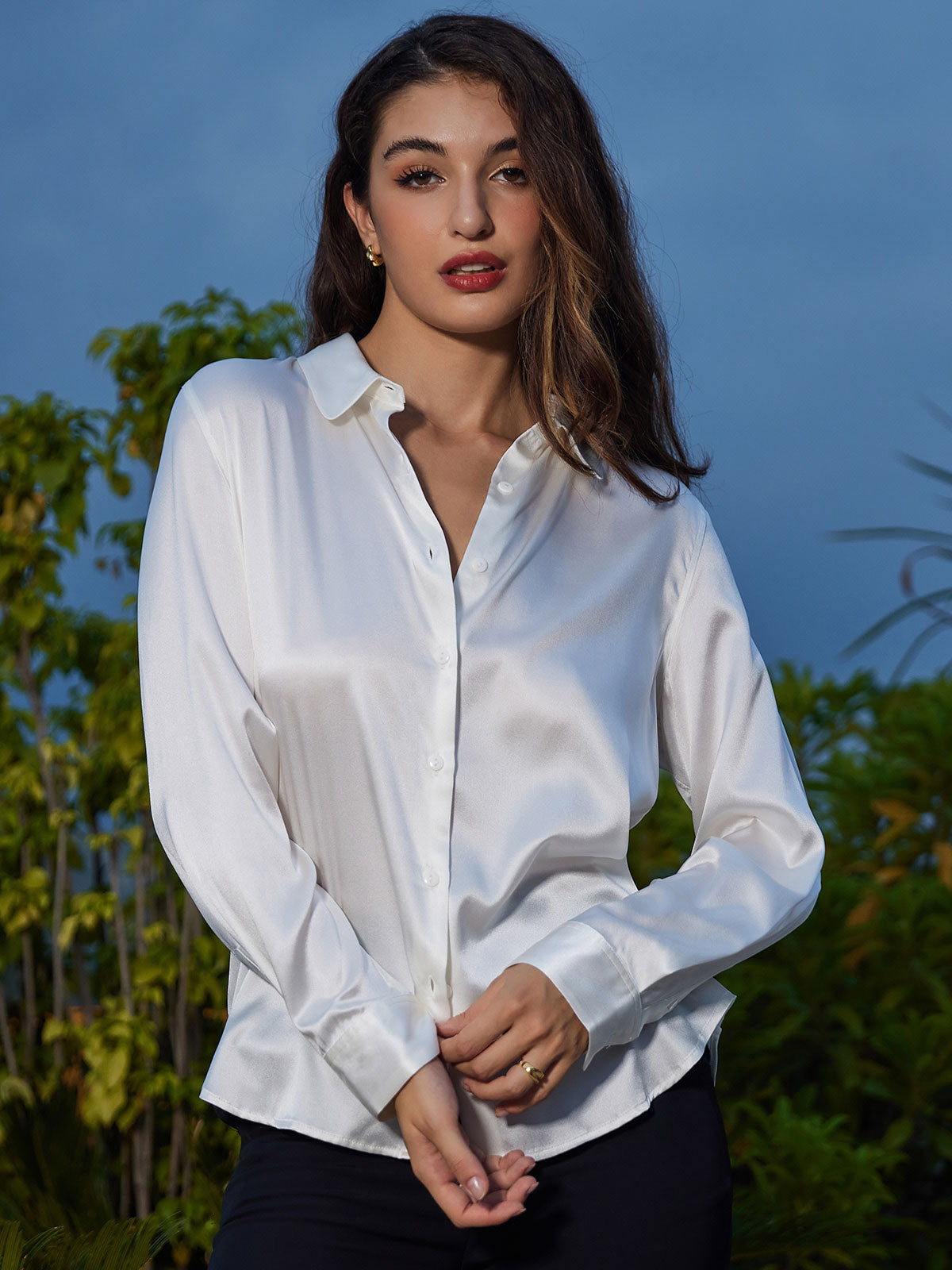 [White] SilkSilky-AU Silk Lapel Collar Women's Shirt 004