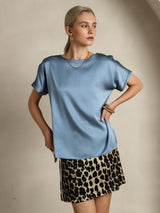 [Grayish Blue] SilkSilky-AU 19Momme Stretch Silk Charmeuse Short Sleeve Boat Neck Women's T-Shirt 004