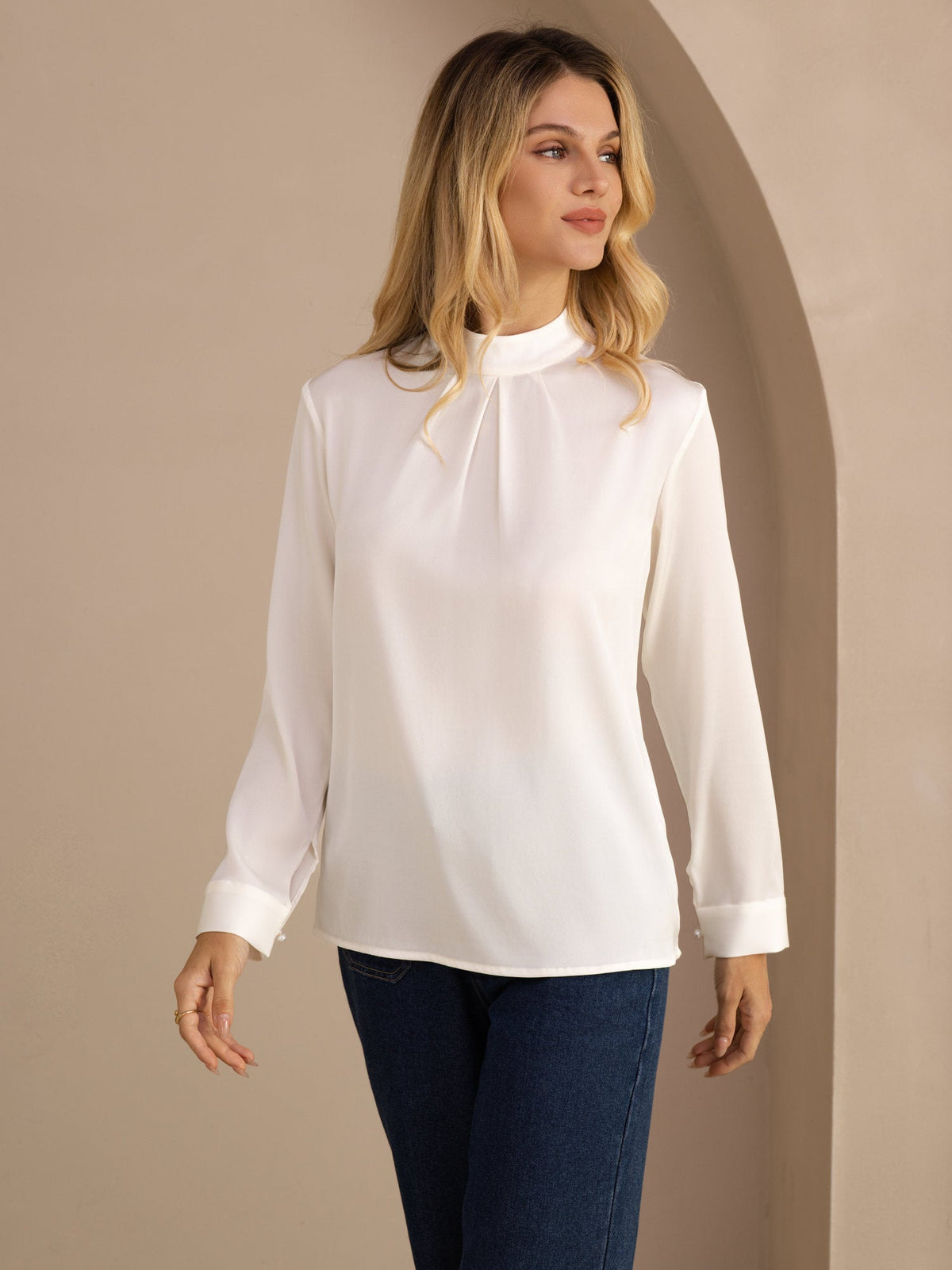 [White] SilkSilky-AU Long Sleeve Stand Collar Women's Blouse 001