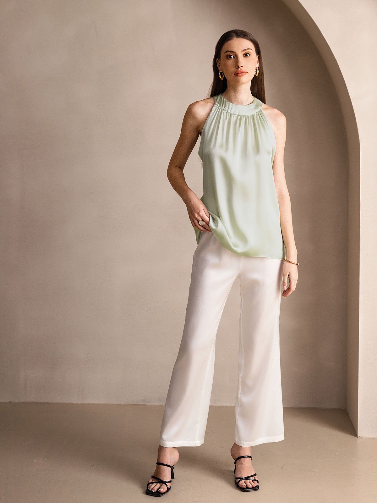 [Light Green] SilkSilky-AU 19Momme Silk Sleeveless Halter Neck Women's T-Shirt 005