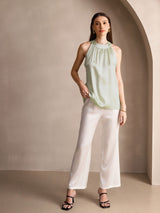 [Light Green] SilkSilky-AU 19Momme Stretch Silk Charmeuse Sleeveless Halter Women's T-Shirt 005