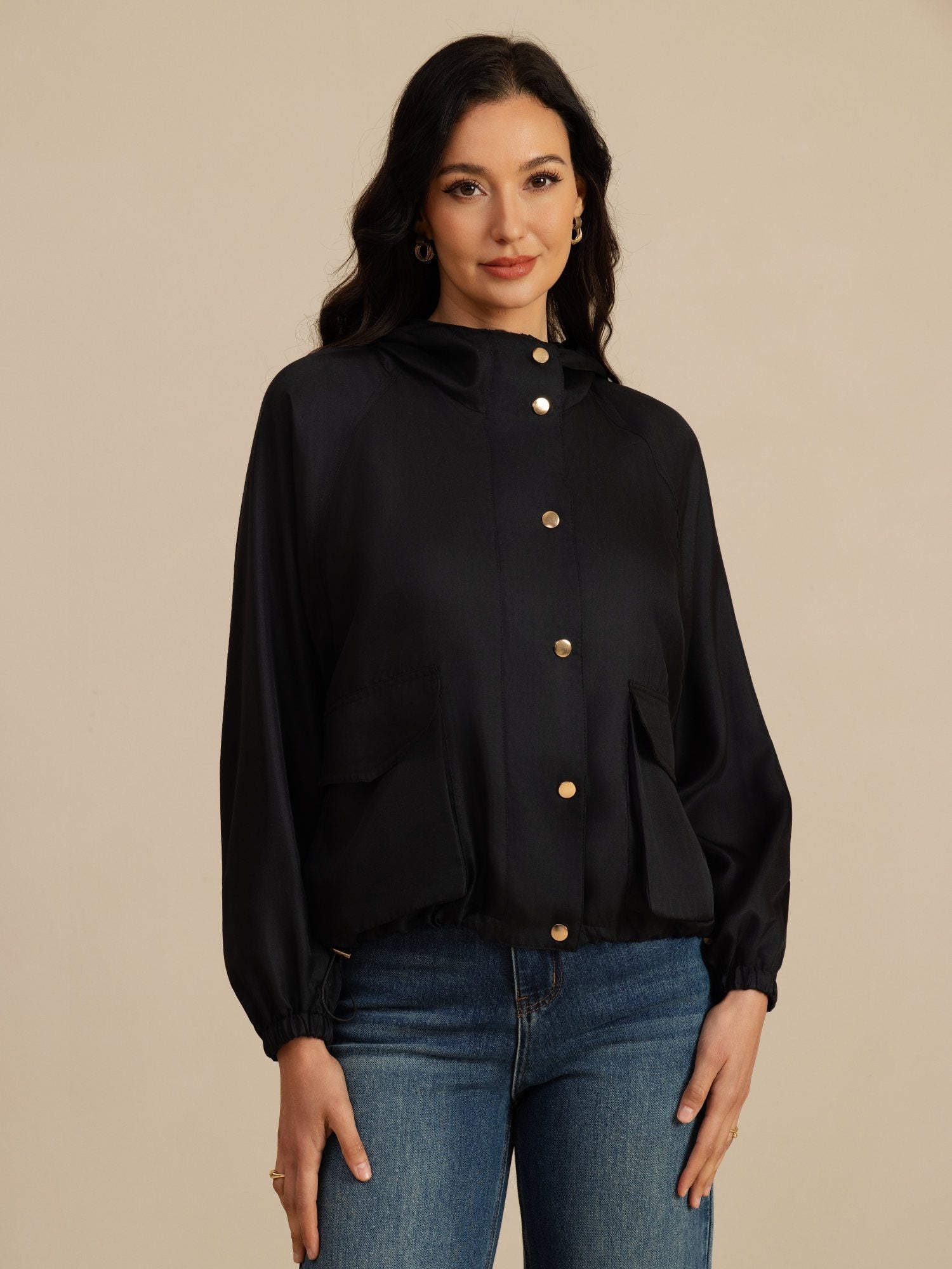 [Black] SilkSilky-AU Silk Satin Surah Long Sleeve High Neck Women's Outerwear 005