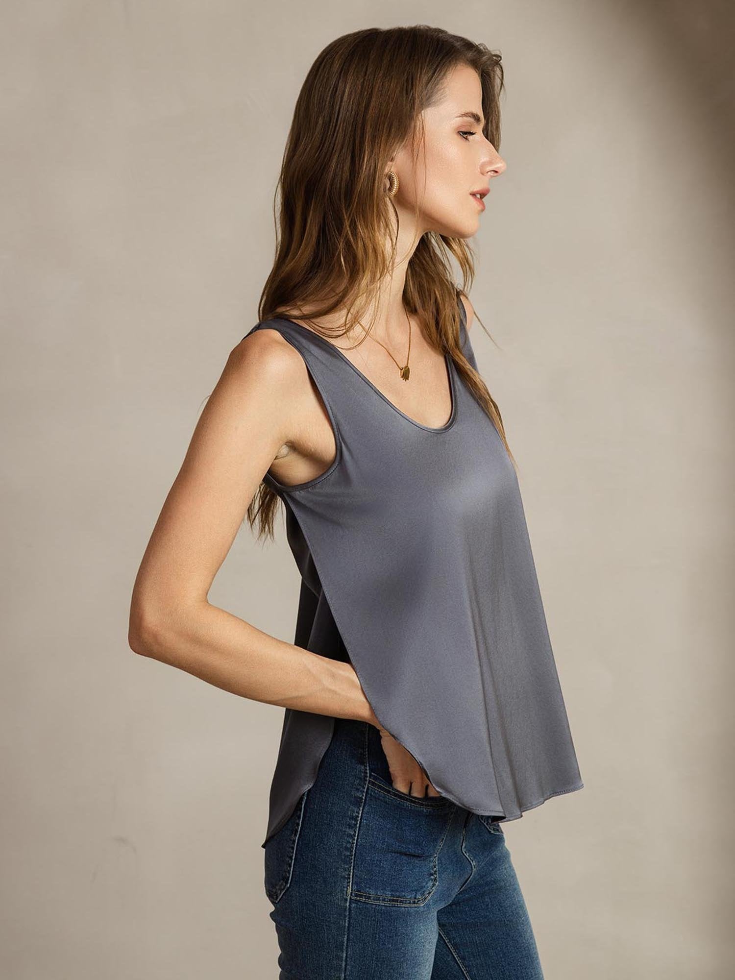 [DarkGray] SilkSilky-AU 19Momme Silk U Neck Women's T-Shirt 004
