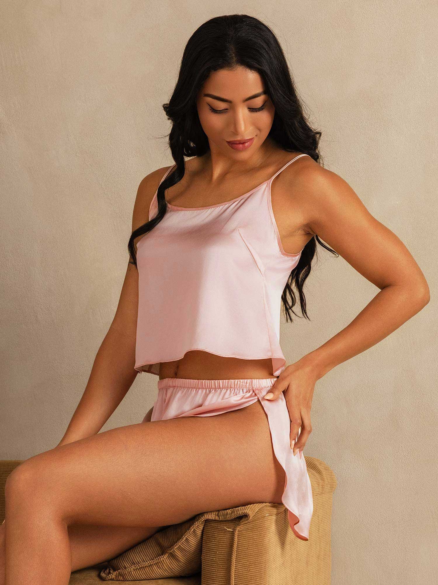 [Pink] SilkSilky-AU Pure Silk Round Neck Camisole Set 003