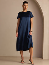 [Dark Blue] SilkSilky-AU Short Sleeve Round Neck Dress 003