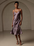 SilkSilky AU Pure Silk Deep V Neck Dress PurpleGray 001