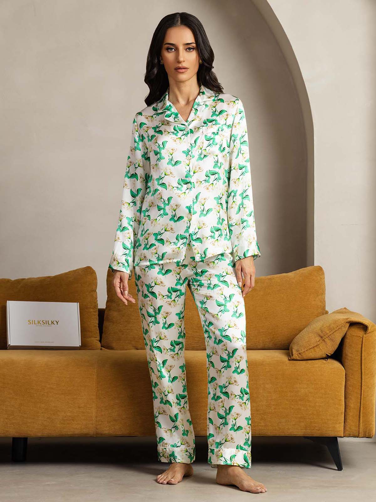 [Green Floral] SilkSilky-AU Pure Silk Womens Pajamas 006