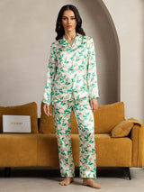 [Green Floral] SilkSilky-AU Pure Silk Notch Collar Women's Pyjamas 002,