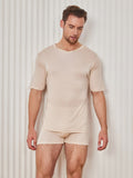 SilkSilky-AU Silk Knitted Short Sleeve V Neck Men's T-Shirt Beige 001