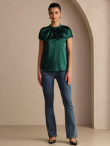 [Dark Green] SilkSilky-AU Short Sleeve Split Women's Blouse 005
