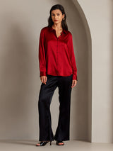 [Red] SilkSilky-AU 19Momme Stretch Silk Charmeuse Long Sleeve Lapel Collar Women's Shirt 005