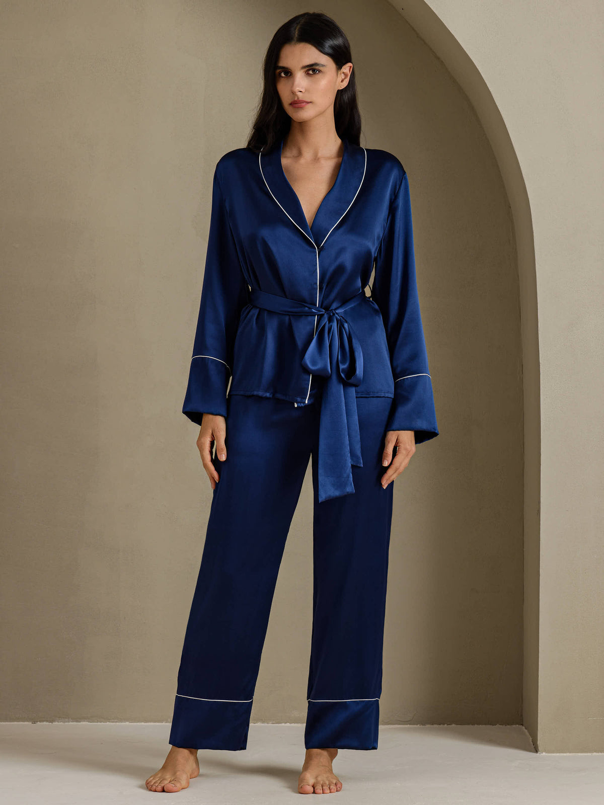 [Dark Blue] SilkSilky-AU Long Sleeve Shawl Collar Women's Pyjamas 001