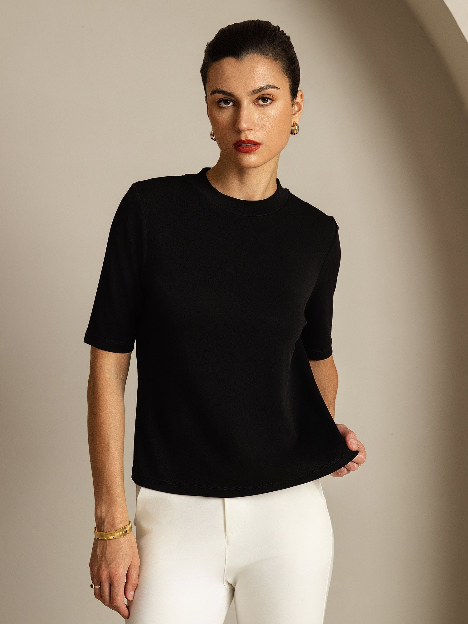 [Black] SilkSilky-AU Pure Silk Round Neck Women's T-Shirt 007