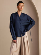 [Dark Blue] SilkSilky-AU Long Sleeve Split Women's Blouse 003