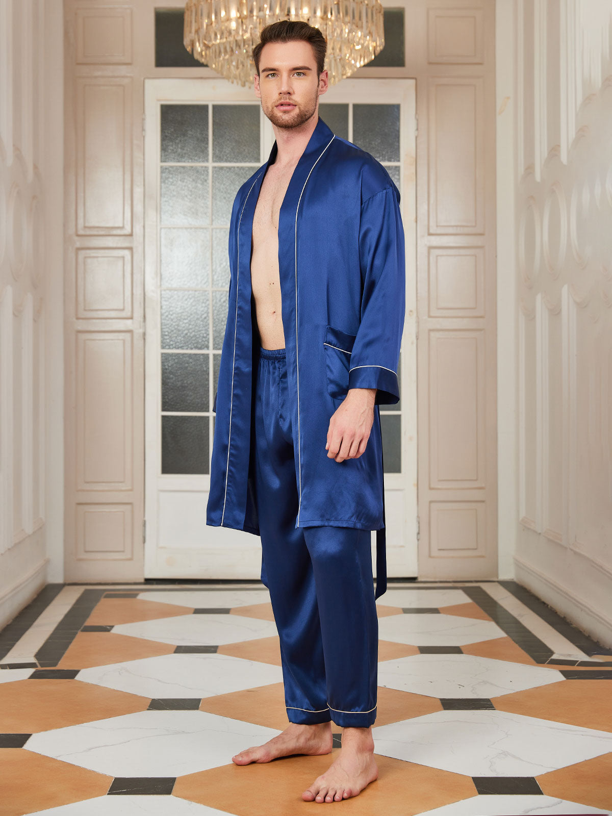 SilkSilky AU Pure Silk 3/4 Sleeve Deep V Neck Men's Dressing Gown DarkBlue 001