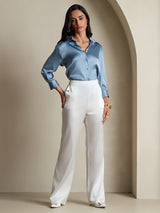 [Grayish Blue] SilkSilky-AU 19Momme Stretch Silk Charmeuse 3/4 Sleeve Lapel Collar Women's Shirt 007