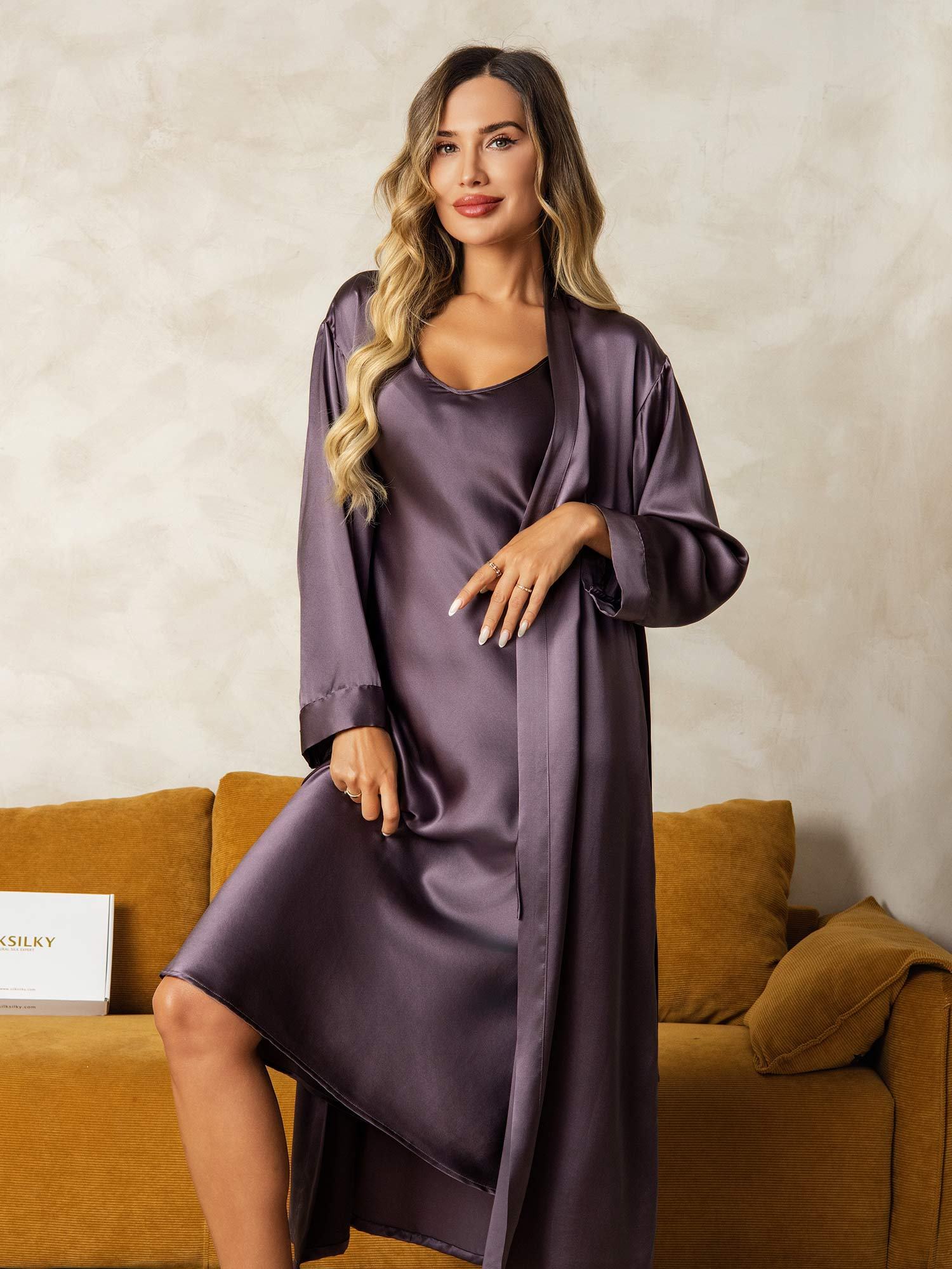 [PurpleGray] SilkSilky-AU Pure Silk V Neck Nightgown&Dressing Gown Set 003