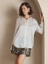 [White] SilkSilky-AU 19Momme Stretch Silk Charmeuse Long Sleeve Lapel Collar Women's Shirt 003