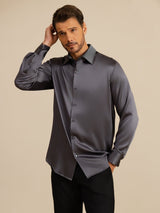 [Dark Gray] SilkSilky-AU 19Momme Stretch Silk Charmeuse Long Sleeve Lapel Collar Men's Shirt 004