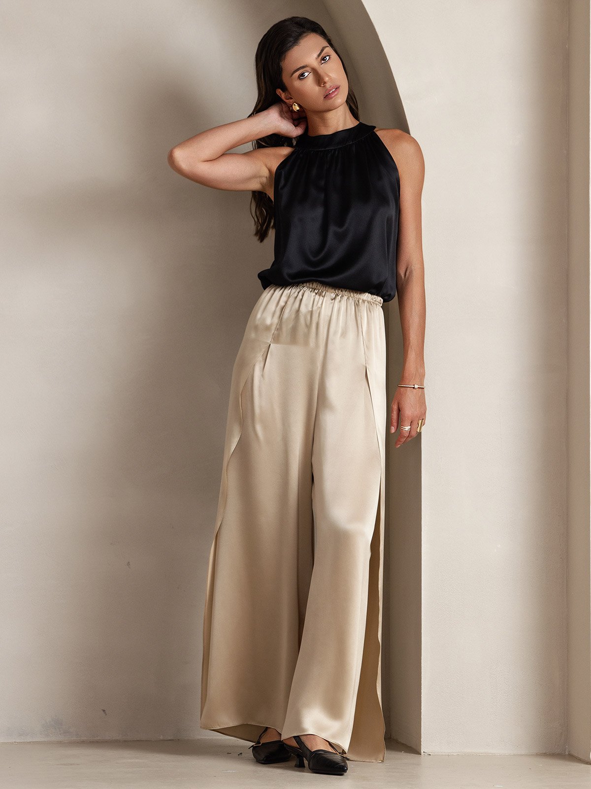 [Black] SilkSilky-AU 19Momme Silk Sleeveless Halter Neck Women's T-Shirt 005