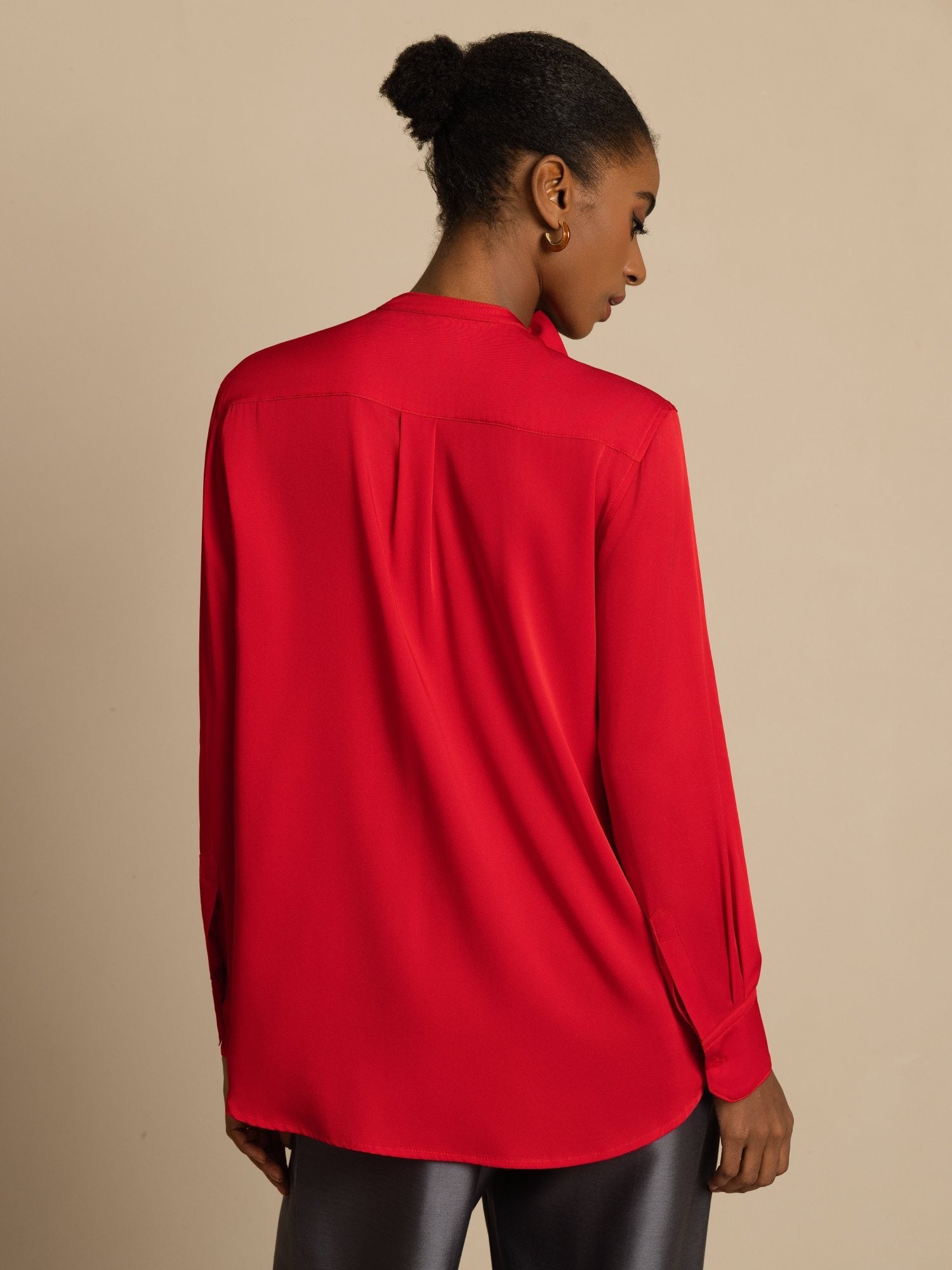 [Wine] SilkSilky-AU 19Momme Stretch Silk Double Georgette Long Sleeve Stand Collar Blouse 002