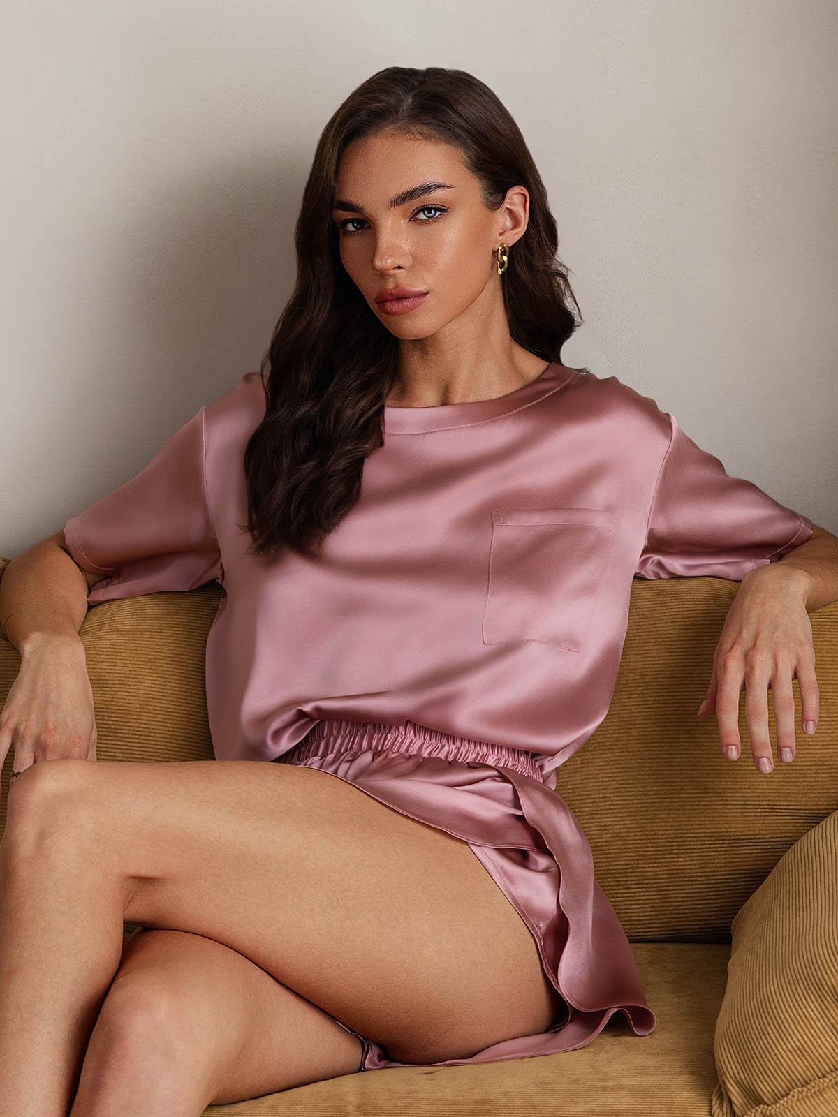 [Pale Mauve] SilkSilky-AU Short Sleeve Round Neck Women's Pyjamas 003