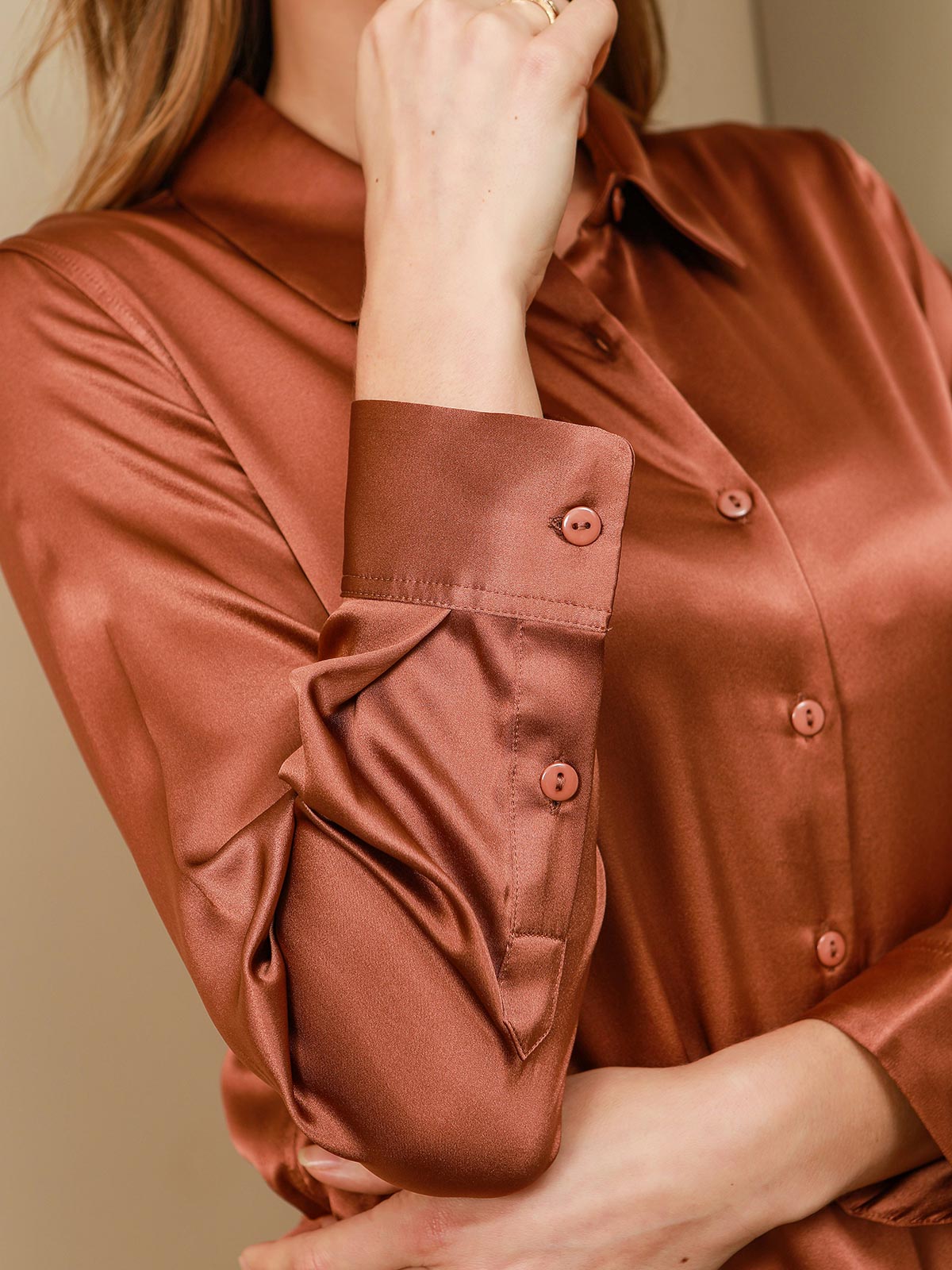 SilkSilky-AU Silk Long Sleeve Collar Women's Shirt Coffee 005