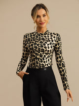 [Leopard] SilkSilky-AU 100% Silk Jersey Long Sleeve Mock Neck Women's T-Shirt 007