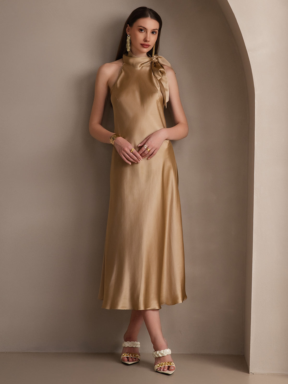 [Champagne] SilkSilky-AU 19Momme Silk Sleeveless Tie Neck Dress 008