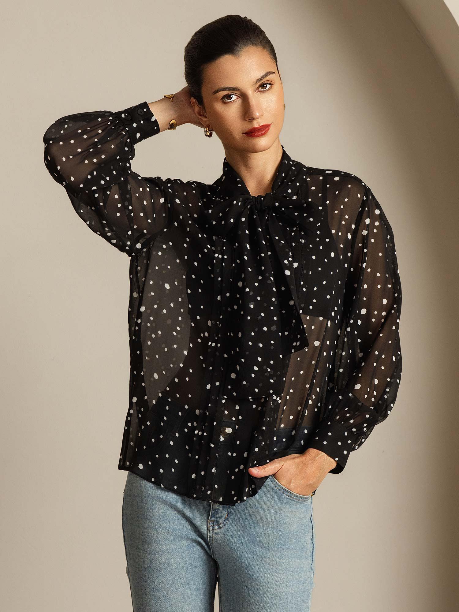 [PolkaDot] SilkSilky-AU Pure Silk Tie Neck Women's Shirt 007