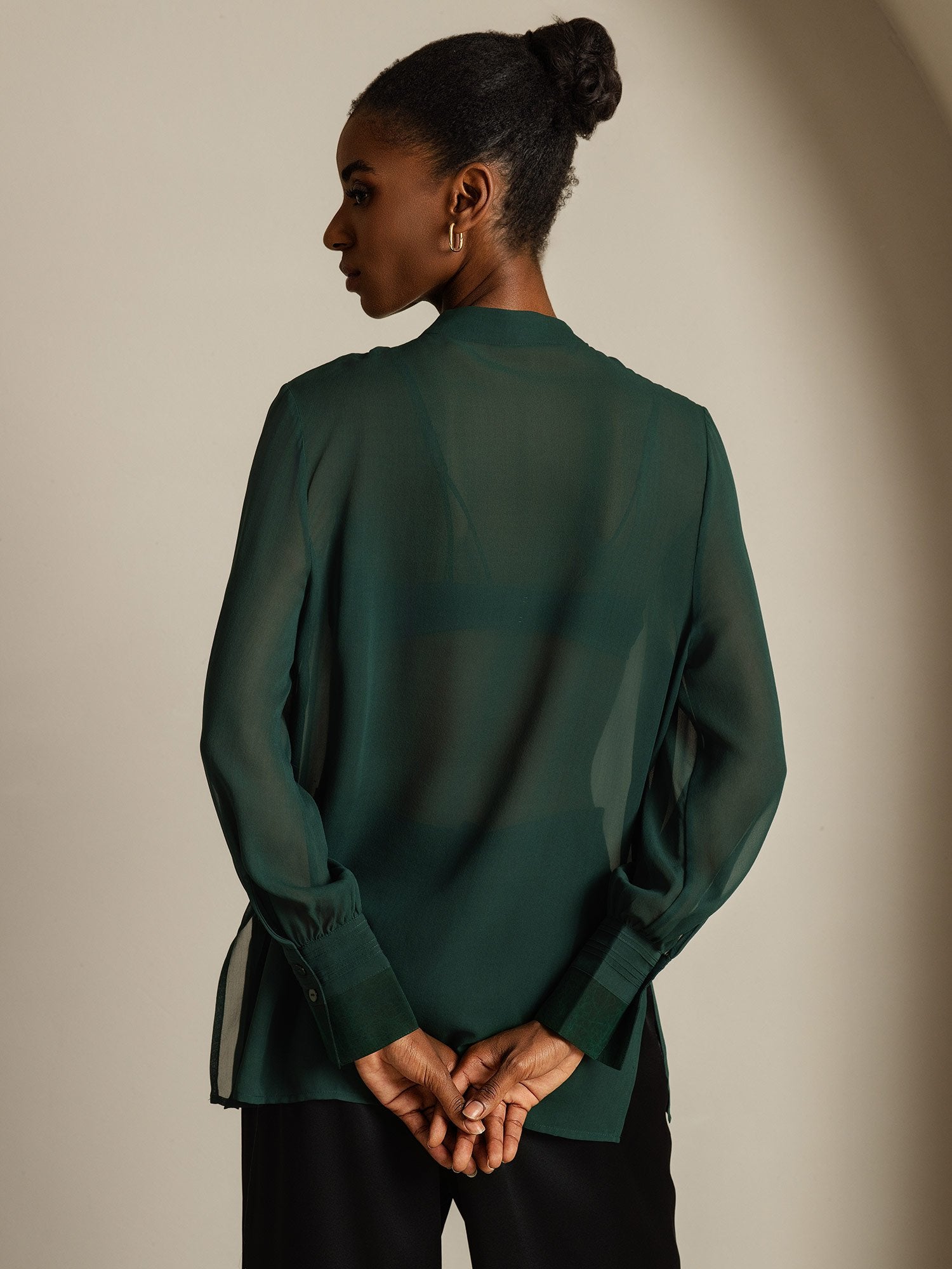 [Dark Green] SilkSilky-AU Pure Silk Split Women's Shirt 002