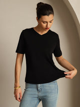 [Black] SilkSilky-AU 100% High-Twist Silk Jersey Short Sleeve V Neck Women's T-Shirt 003
