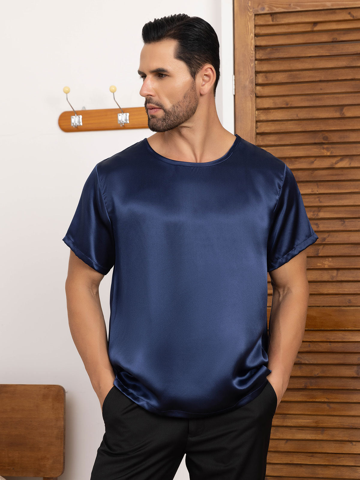 SilkSilky AU Pure Silk Short Sleeve Round Neck Men's T Shirt DarkBlue 001