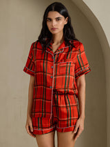 [Red Plaid] SilkSilky-AU Short Sleeve Notch Collar Women's Pyjamas 003