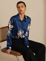 [Dark Blue] SilkSilky-AU 19Momme Long Sleeve Lapel Collar Women's Shirt 001