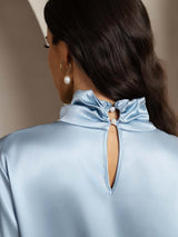 [Grayish Blue] SilkSilky-AU 19Momme Silk Keyhole Neck Women's Shirt 005