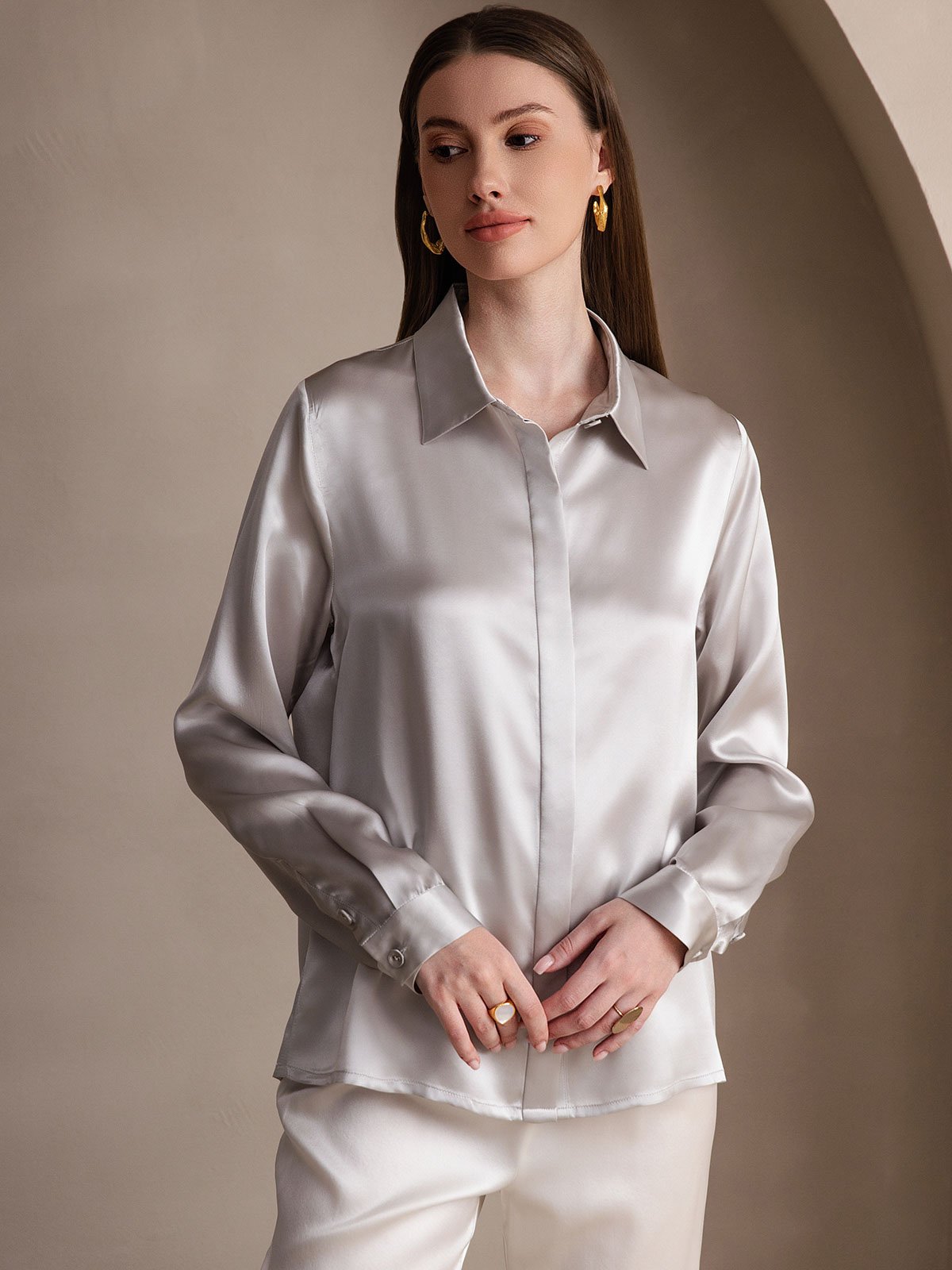 SilkSilky AU 19Momme Silk Long Sleeve Collar Women's Shirt LightGray 004