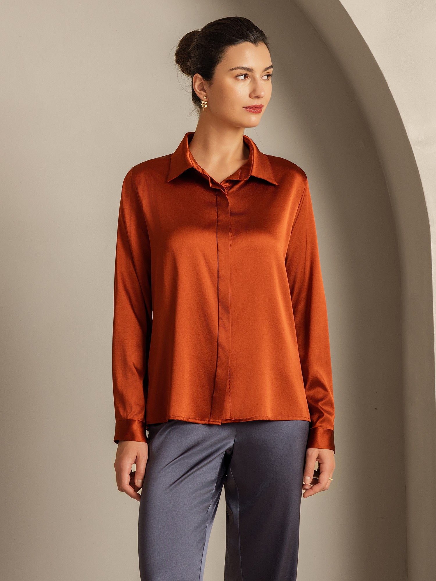 [Caramel] SilkSilky-AU 19Momme Silk Lapel Collar Women's Shirt 005