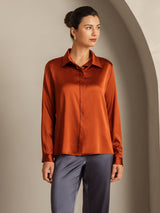 [Caramel] SilkSilky-AU 19Momme Stretch Silk Charmeuse Long Sleeve Lapel Collar Women's Shirt 005