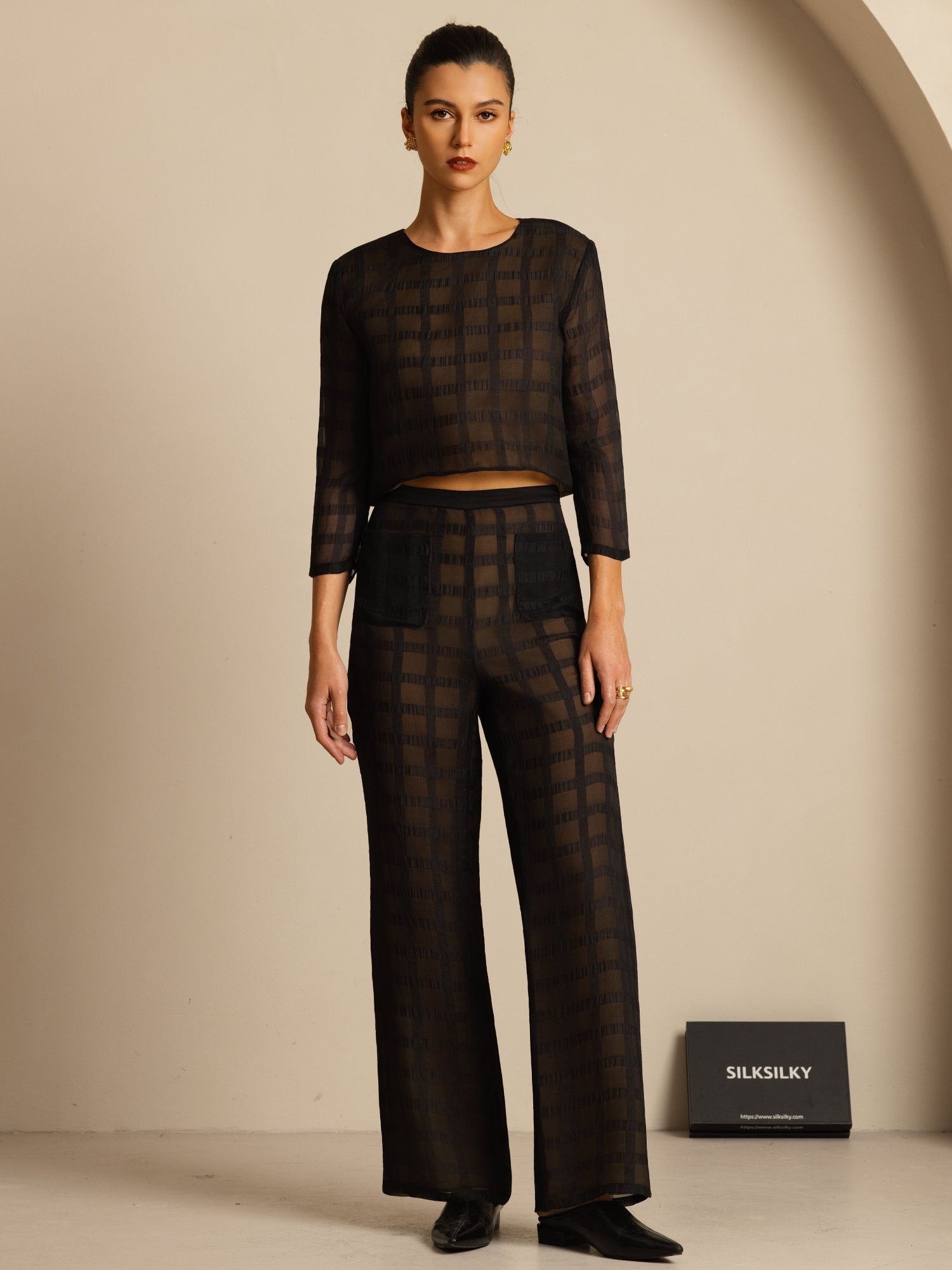 [Black] SilkSilky-AU Pure Silk Long Sleeve Round Neck Women''s Outfit Sets 001