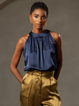 [Dark Blue] SilkSilky-AU 19Momme Stretch Silk Charmeuse Sleeveless Halter Women's T-Shirt 003