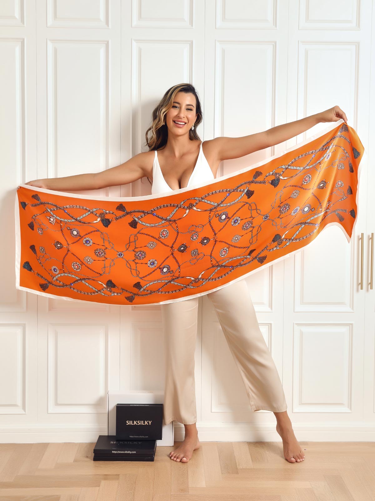 SilkSilky AU Pure Silk Scarf Orange 006