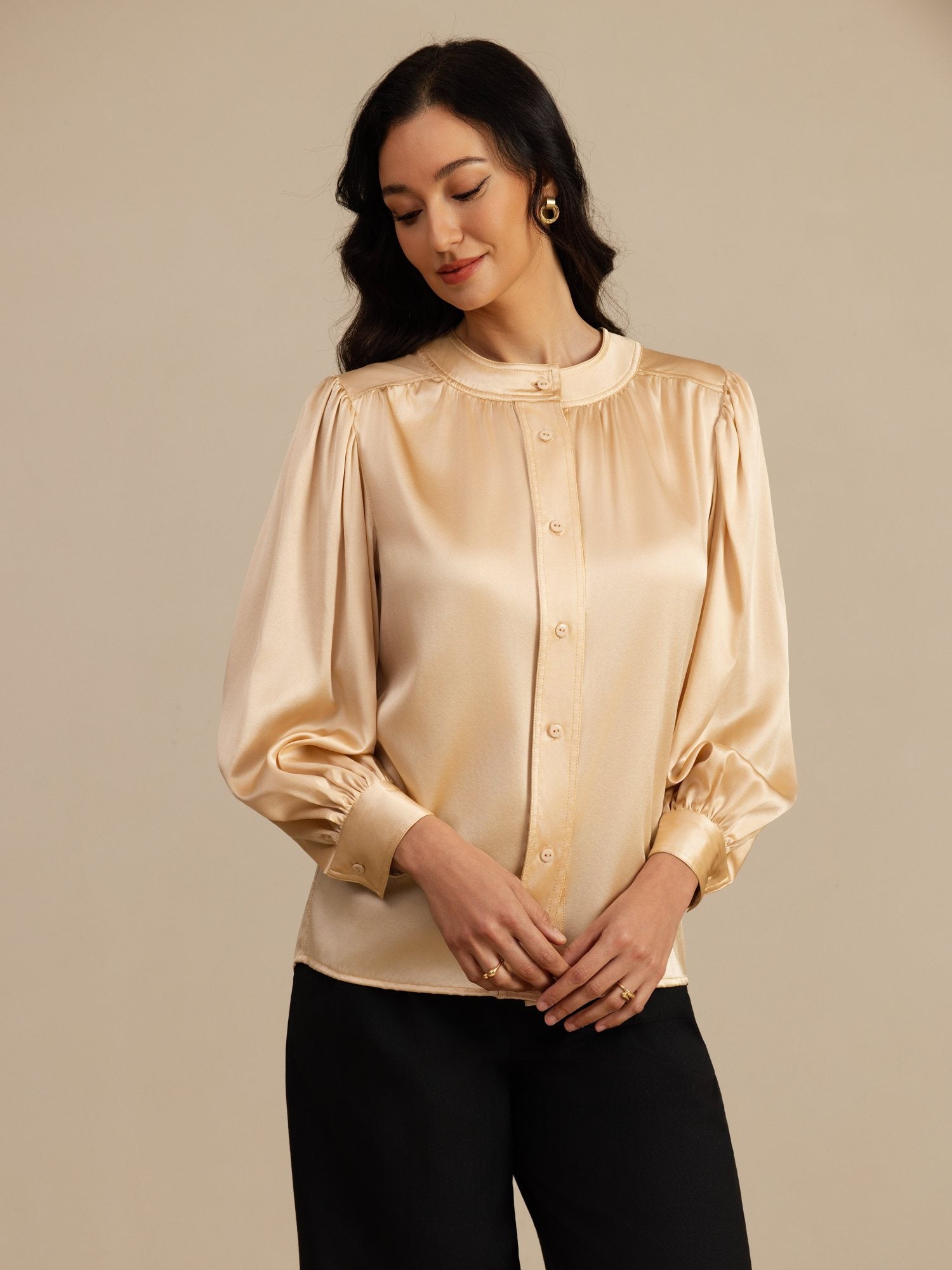 [Champagne] SilkSilky-AU 19Momme Long Sleeve Round Neck Blouse 001