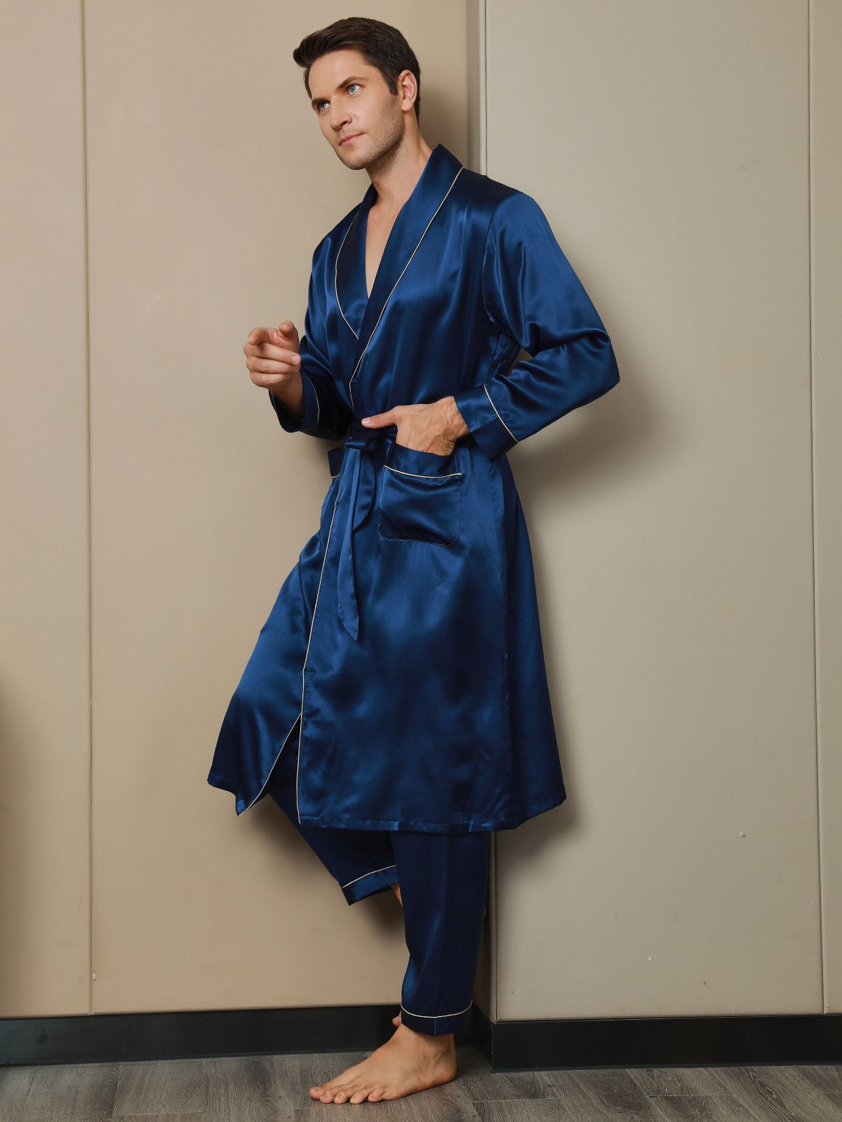 SilkSilky AU Pure Silk Long Sleeve Lapel Men's Dressing Gown DarkBlue 005