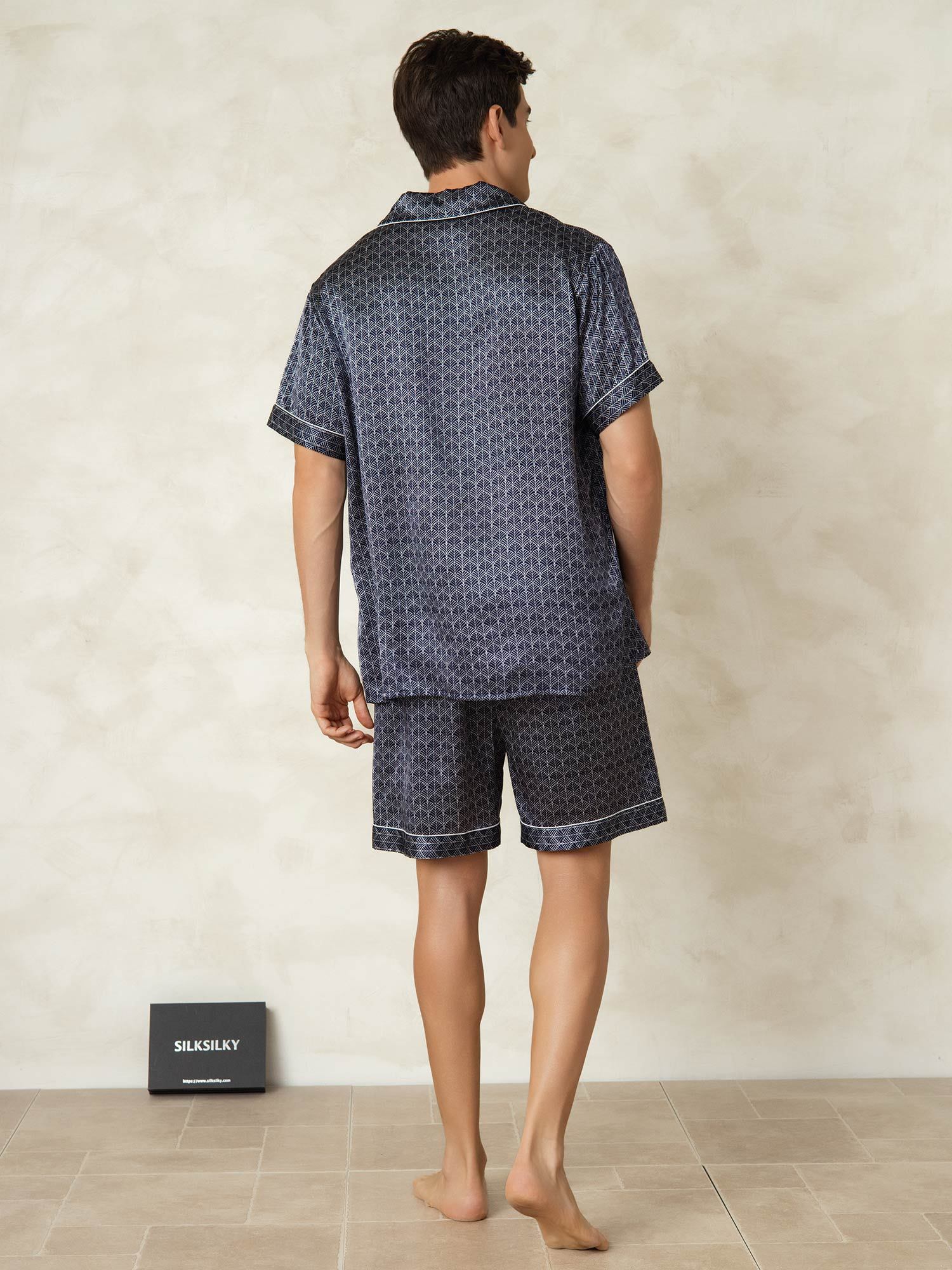 [NavyGinkgo] SilkSilky-AU Pure Silk Lapel Collar Men's Pyjamas 002