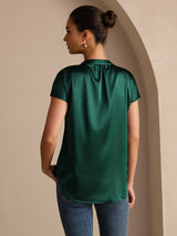 [Dark Green] SilkSilky-AU Short Sleeve Split Women's Blouse 002