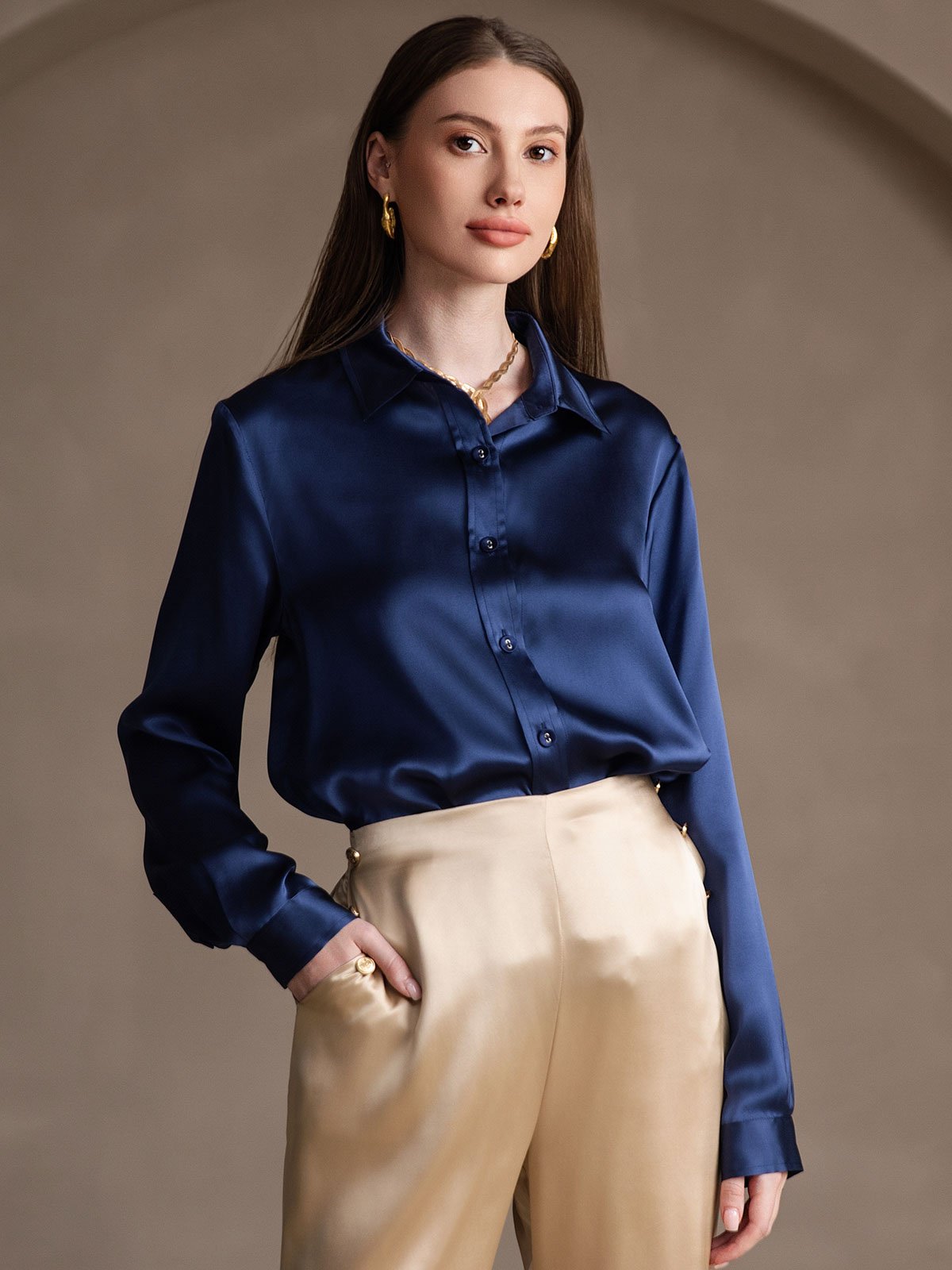 [Dark Blue] SilkSilky-AU 19Momme Stretch Silk Charmeuse Long Sleeve Lapel Collar Women's Shirt 005