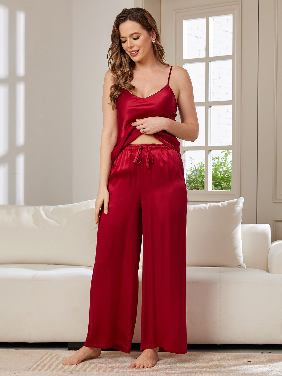 [Wine] SilkSilky-AU Spaghetti Strap V Neck Camisole Set 005