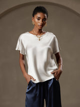 [Light Gray] SilkSilky-AU 19Momme Stretch Silk Charmeuse Short Sleeve Boat Neck Women's T-Shirt 001