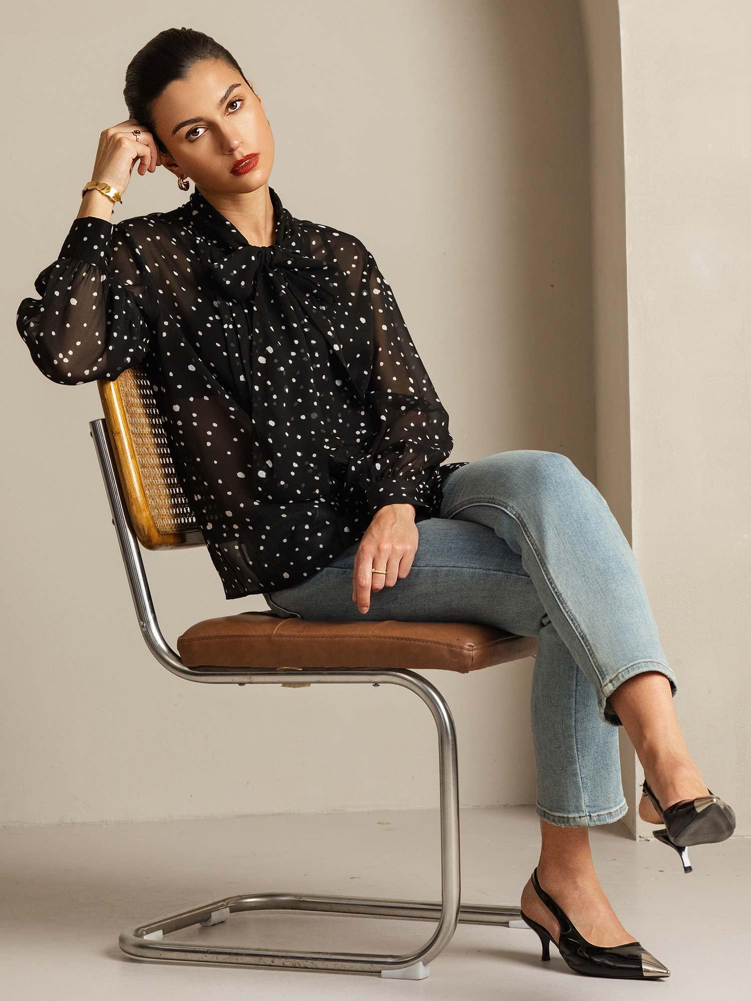 [PolkaDot] SilkSilky-AU Pure Silk Tie Neck Women's Shirt 009